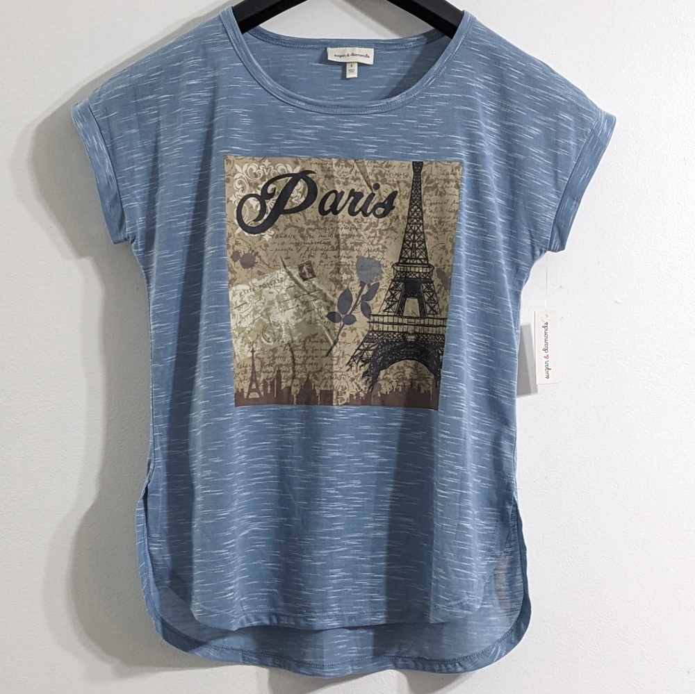 Women's Blue Paris Postcard Dolman Short Sleeve Graphic T-shirt, Size Small, NWT